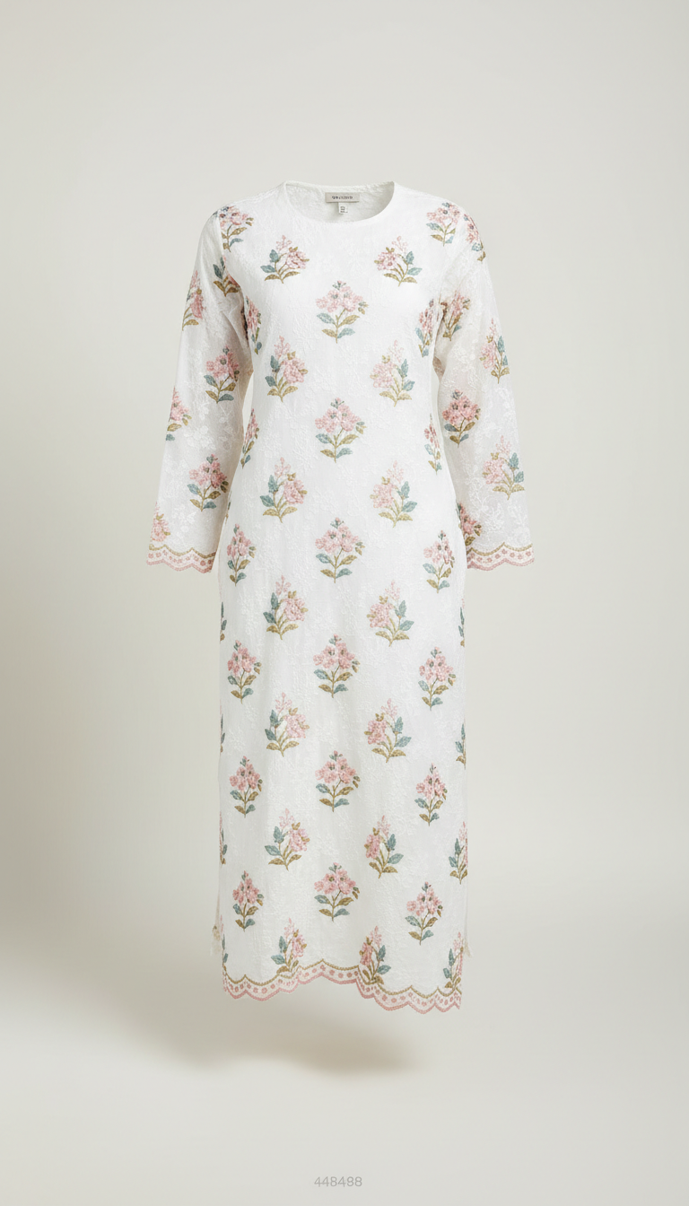 White Cotton Kurti with Floral Chikankari