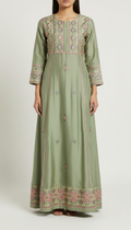 Sage Green Silk A-Line Kurti with Geometric Embroidery