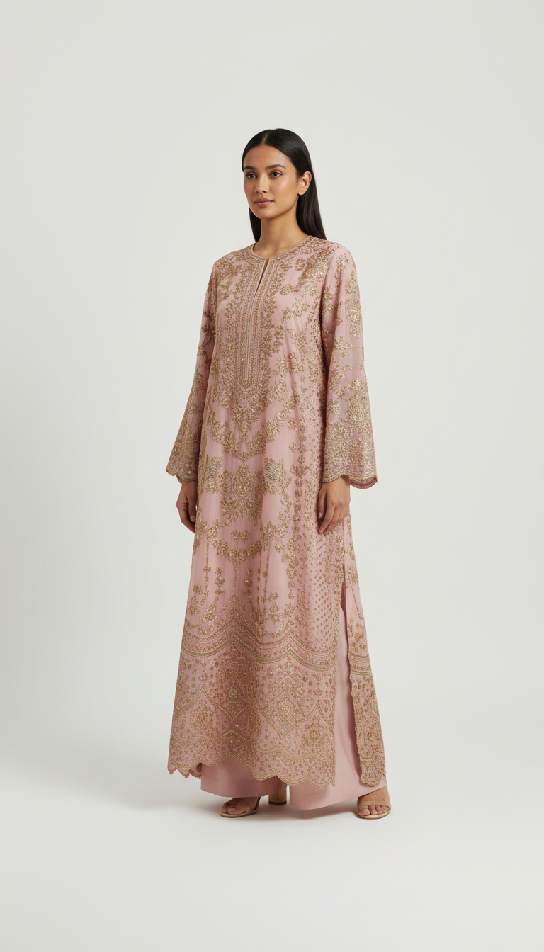 Blush Pink Tunic with Scalloped Hem and Gold Threadwork